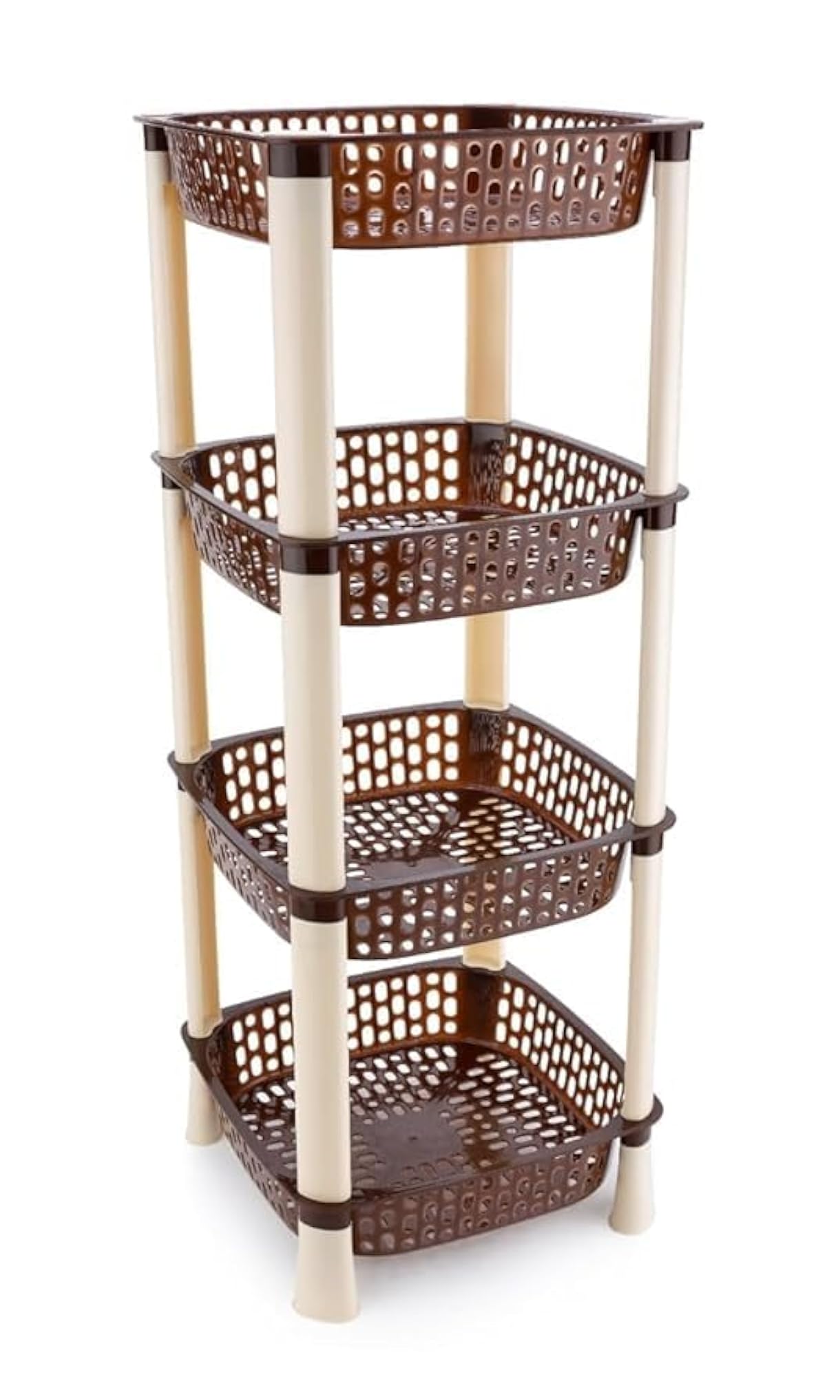 Kitchen Storage Rack, Brown Plastic Baskets with White Stand, Multi-Purpose Organizer for Fruits and Snacks